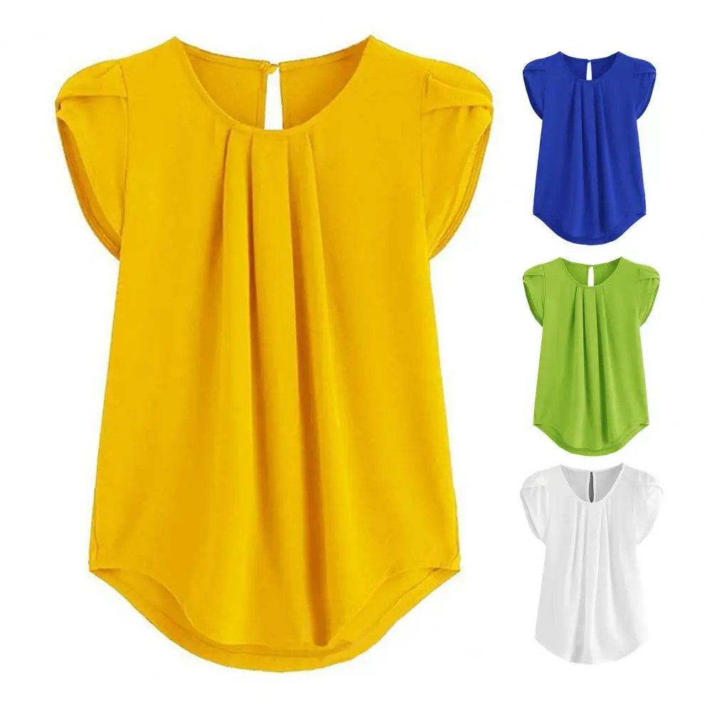 Lightweight Tops Stylish Women's Summer Tops Petal Sleeve Pleated T-shirt Solid Color Casual Blouse Large Size Elegant