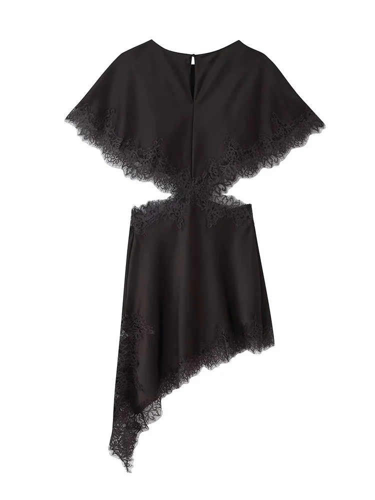 TFMLN 2026 Frauen Sommer Party Spitze Kleid Sexy Taille Aushöhlen Asymmetrische Saum Kleid Mode Damen Solide Elegante Club Kleid