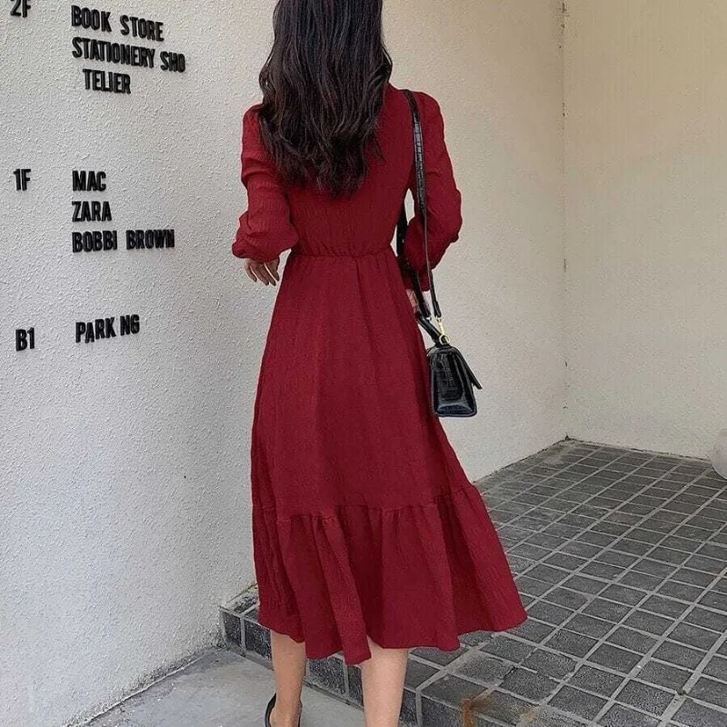 Women Autumn Vintage Fashion Pleated Solid Color V-neck Long Sleeve Midi Dress Ladies Casual All-match Appear Thin A-line Skirt