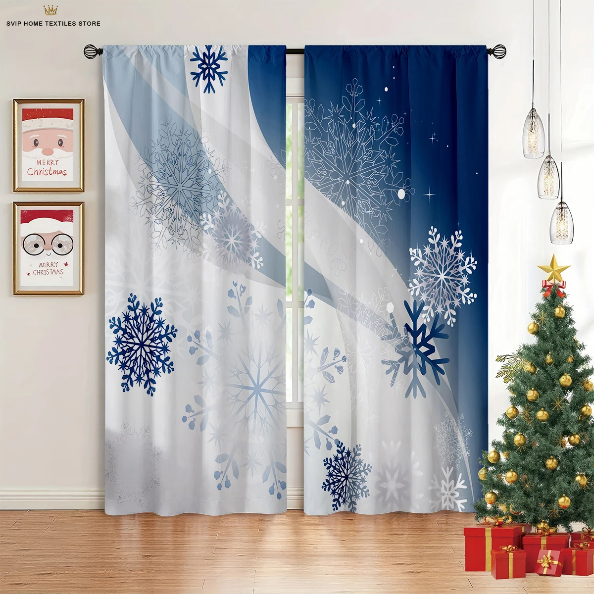 2pcs Snowflake Santa Claus Christmas Decorative Curtains Holiday Party Decorative Curtains New Year Gifts Machine Washable