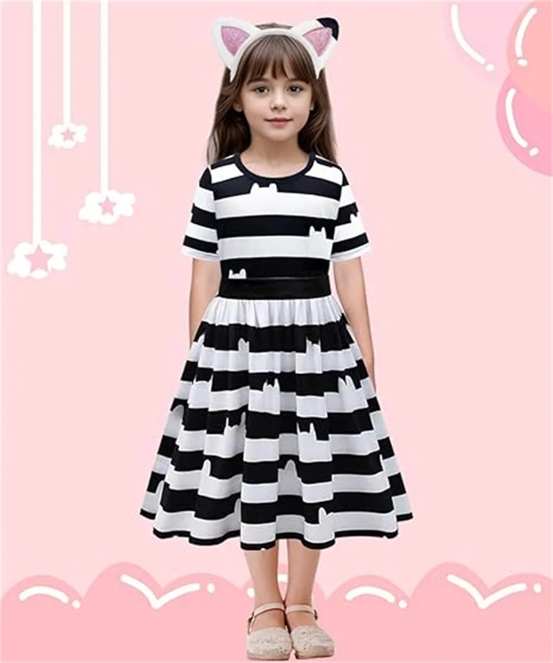 New Gabbys Dollhouse Girl Dress Children Gabby Cosplay Costume Girl Cat Striped Dress 2-8Y