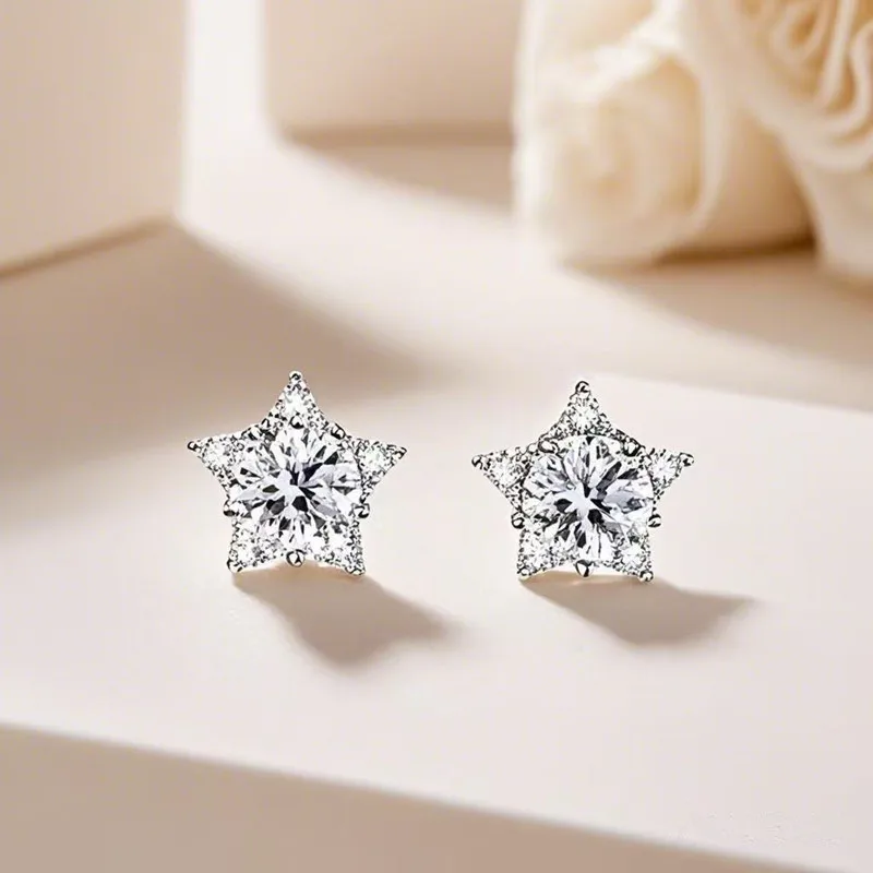 

S925 Silver Platinum-Plated 1CT D Color Short Snowflake Star Moissanite Stud Earrings Fine Jewelry