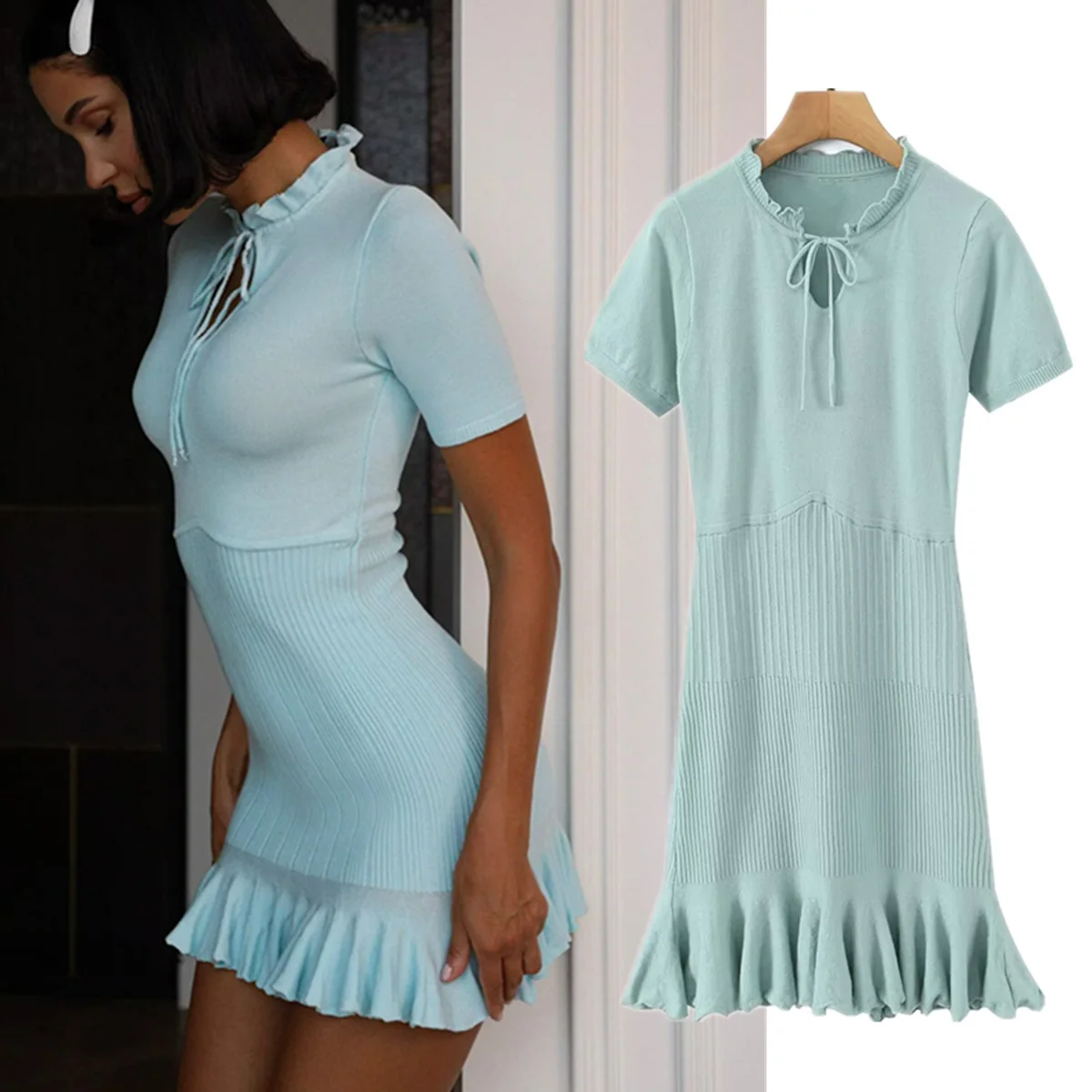 

Jenny&Dave 2026 Summer Knitted Slim Fit Mini Dress Sky Blue Color Ruffles Short Sleeve Elegant Party Dress For Woman