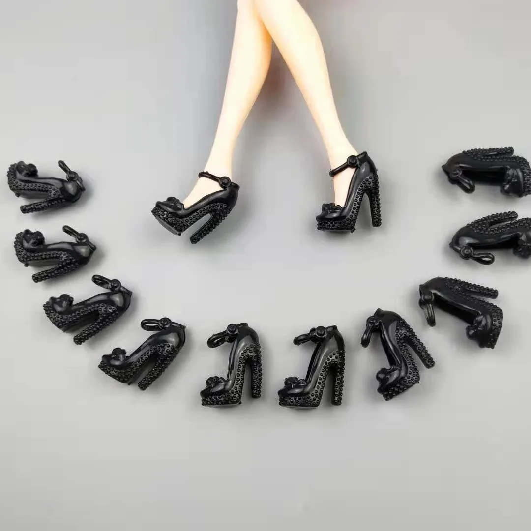 6 Pairs/lot Fashion Black High Heel Shoes Sandals For Barbie Doll Shoes Sneakers Princess Foot Wear 11.5