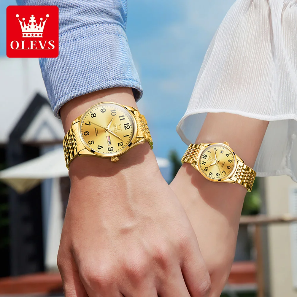 OELVS Brand New Luxury Gold Mechanical Couple Watch for Men and Women Stainless Steel Waterproof Week Calendar Couple Watches