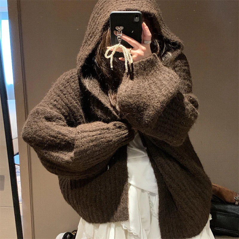 Shpmishal Korean Fashion Hooded Lantern Sleeve Sweater 2024 Women's Autumn and Winter New Thick Lazy Knitted Cardigan Jacket