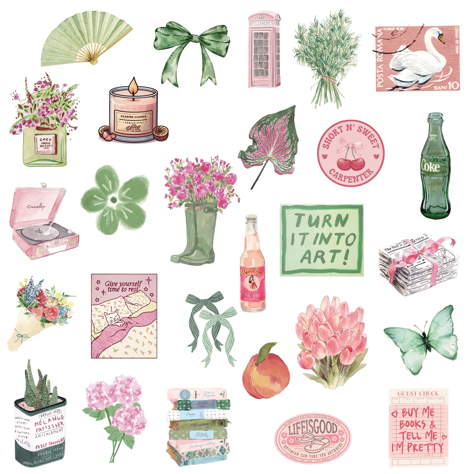 10/50 قطعة INS نمط الوردي الأخضر الكتابة على الجدران ملصقات الصيف الصغيرة الطازجة الكرتون صائق دفتر الهاتف الغيتار حقيبة كوب ألعاب أطفال