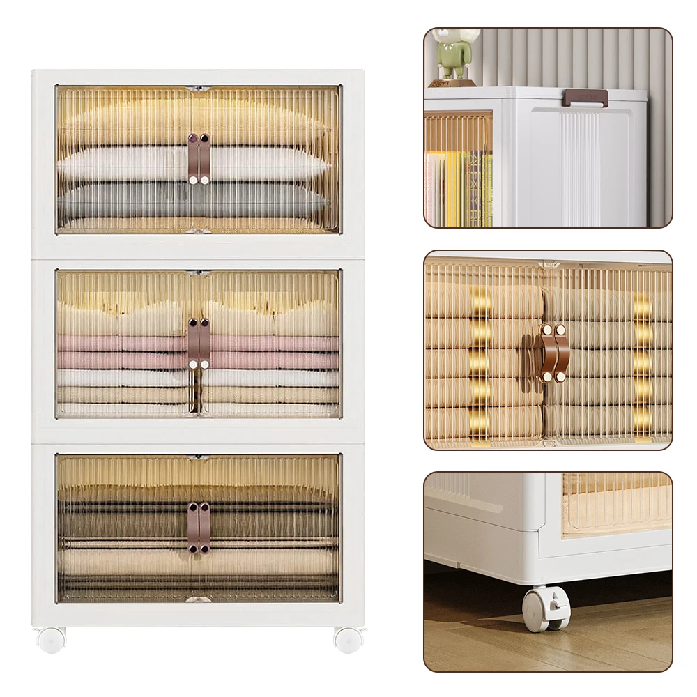 Armario de 3 Niveles para Dormitorio con Tapas - Cajas de Almacenamiento de Plástico de 3 Niveles con Tapas, Apilables, con Ruedas y Puertas 60*36*102cm