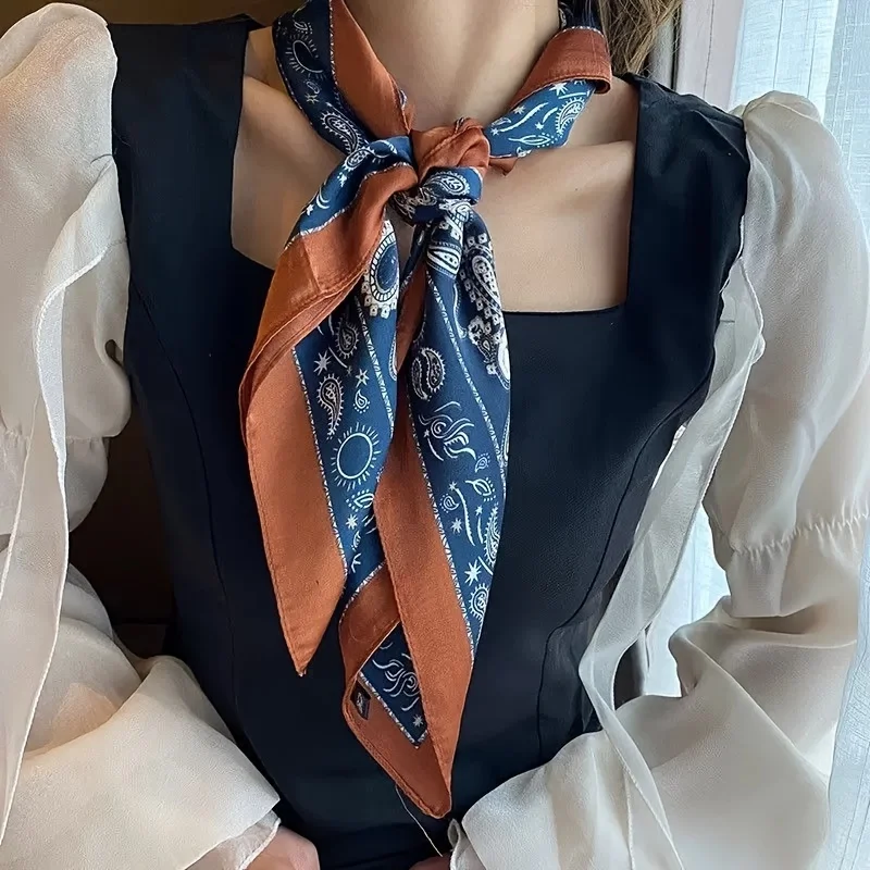 Quadratischer Schal mit Paisley-Hahnentrittmuster im Retro-Stil, weicher Satin, dünner, glatter Halstuch, Sonnenschutz-Kopftuch für Damen, Kopfwickel – Detail 3
