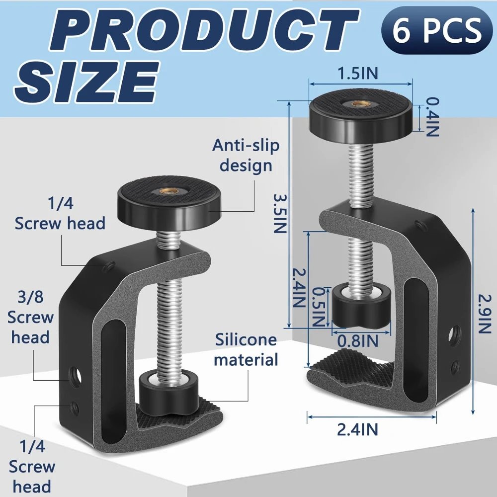 Morsetto universale a C da 6 pezzi con foro filettato da 1/4'' e 3/8'' Morsetto di supporto in alluminio Morsetto da tavolo Morsetto da tavolo per supporto da tavolo