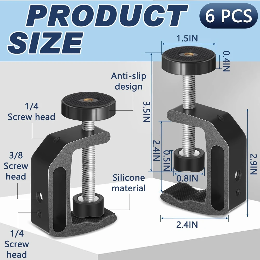 6 Pcs Universal C Clamp with 1/4'' and 3/8'' Thread Hole Aluminum Support Clamp Desk Clamp Table Clamp for Desktop Mount Holder