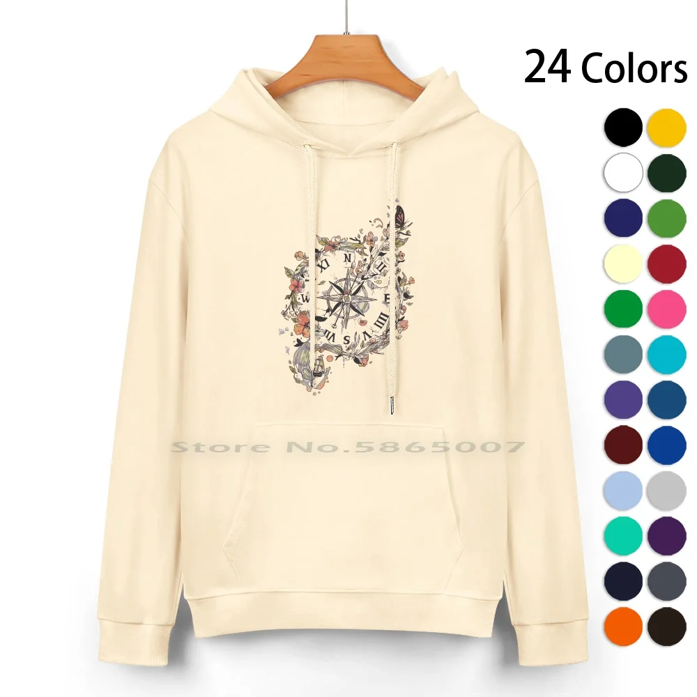 Au Revoir Pure Cotton Hoodie Sweater 24 Colors Journey Travel Once Upon A Time Compass Existence Flowers Nature Waves Ocean Sea