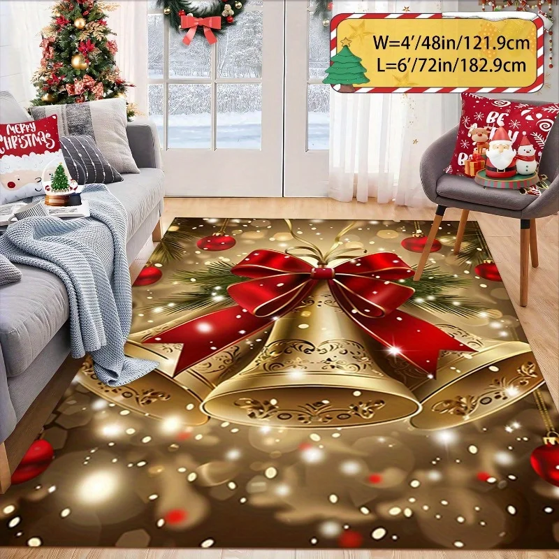 1pc Christmas Area Rug, Golden Star Background with Bell Pattern, Non Slip, Comfortable & Beautiful for Holiday Home Decor