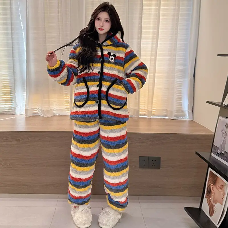 

Mickey Embroidery Colorful Striped Women Hooded Cardigan Pajama Set Soft Warm Y2K Aesthetic Loungewear Sleepwear Oversized Fit