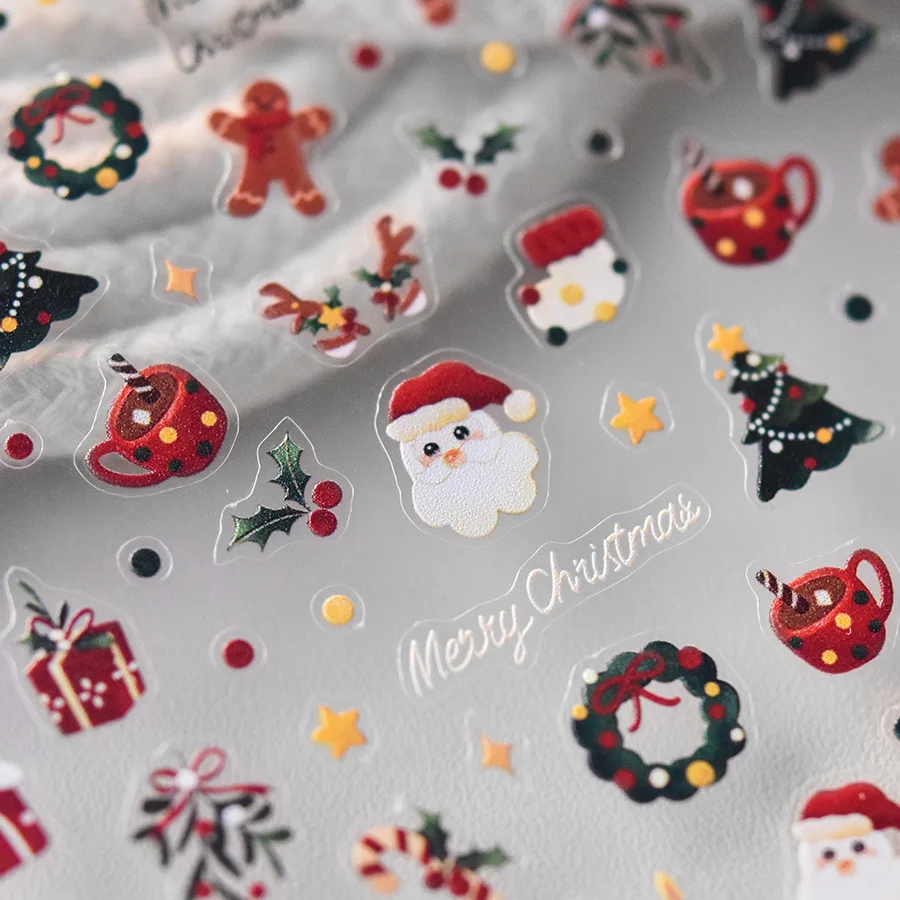 Pegatinas de Arte de uñas 5D finas y resistentes, pegatinas de uñas de alta calidad, diseño tridimensional de Feliz Navidad