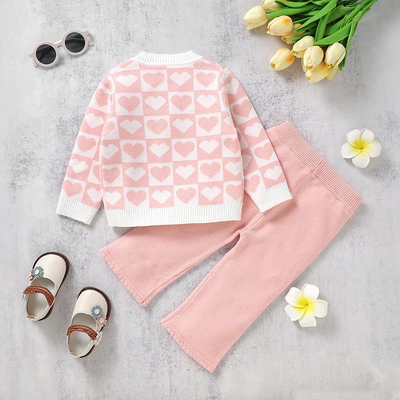 Baby Clothes Sets Knit Newborn Girl Cute Loving Pullover +Solid Pants Warm Infant Long Sleeve Sweater +Trousers 2PCS Playsuit