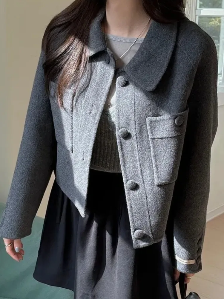 

Chic Winter ort Woolen Jaet Women's Single Button Notch Collar keted Simple Matched Korean Sle Commute Warm Coat