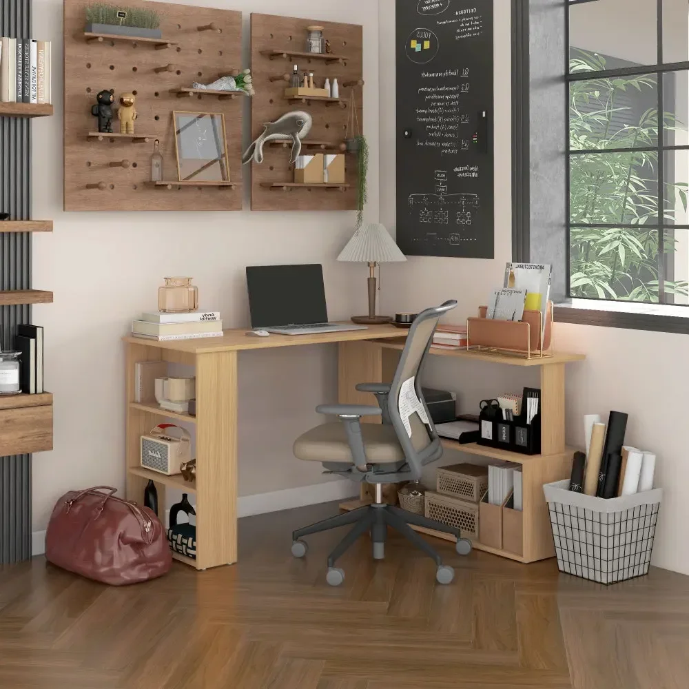 Multi-Functional Rotating Corner Desk, Adjustable L-Shape & Straight Shape Writing Desk with Ample Storage Shelves, Dust-Proof Easy-Clean Workstation for Small Space Home Use