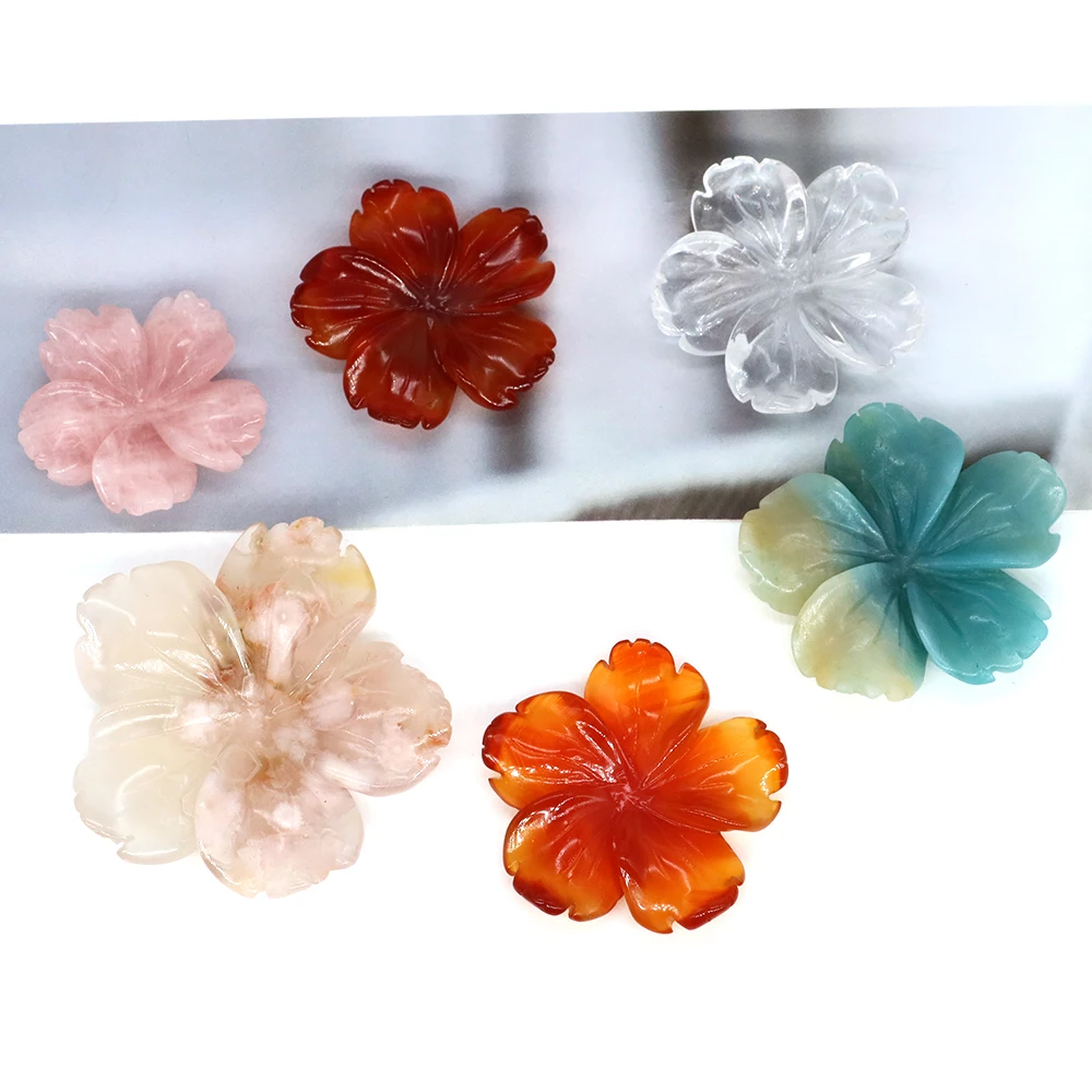 Natural Stone Agate Carved Peach Blossom Statue Flower Crafts Healing Crystal Ornaments For Jewelry Making Necklace Pendant Gift