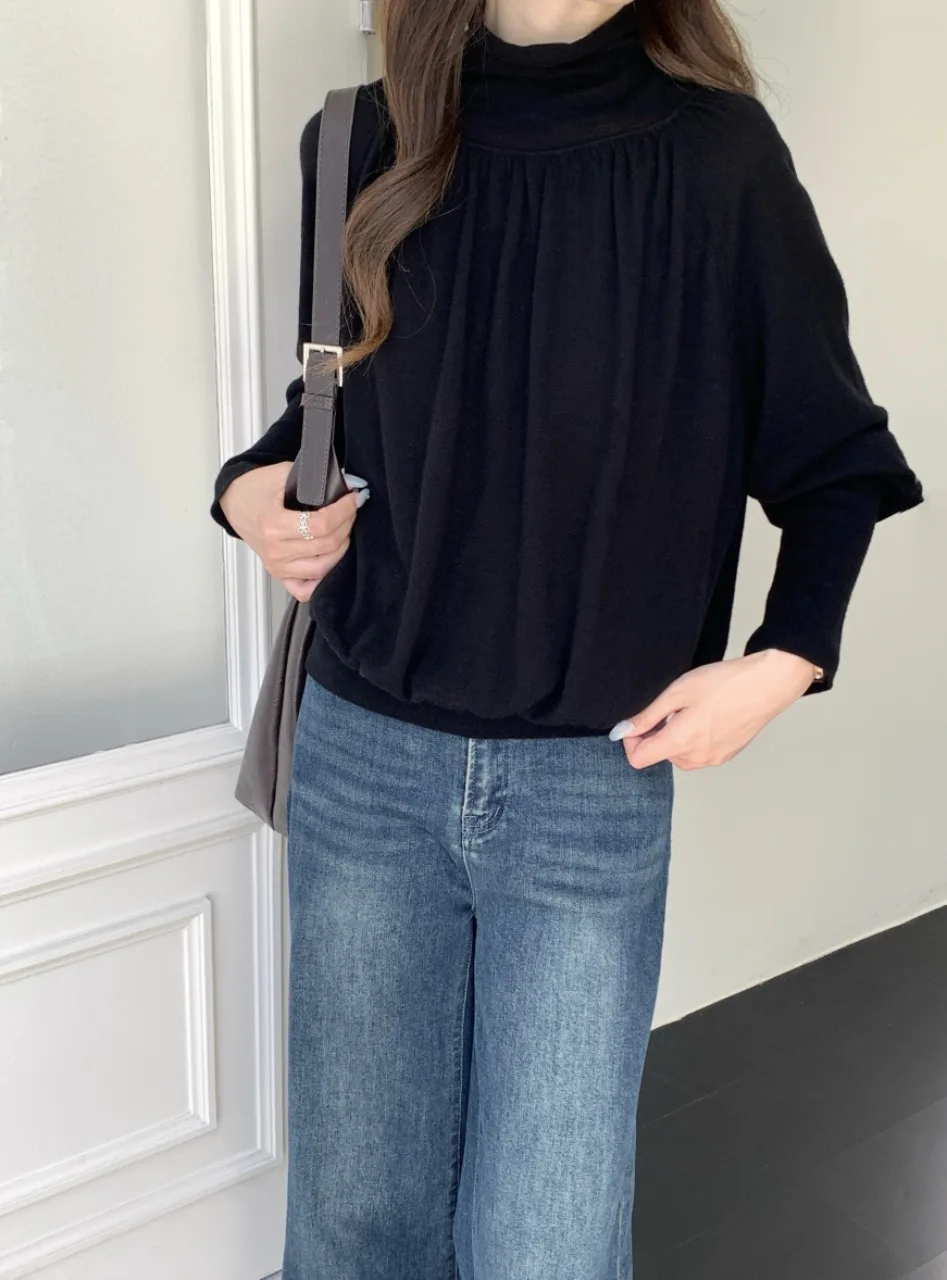 Fashionable Commuter Sweater Pleated Design Bat Sleeve Knitted Top Women's Loose Pile Collar Sweater Autumn and Winter New Style