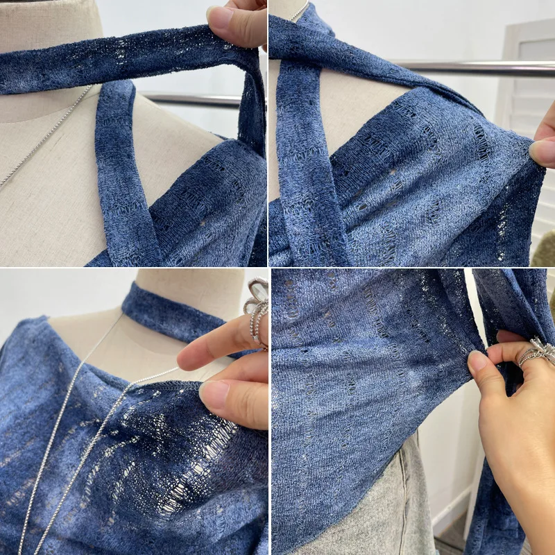 Women's Chic Vintage One-shoulder Long-sleeved Top with Ripped Holes Slightly Transparent Irregular Ribbon Knitted Shirt 8098