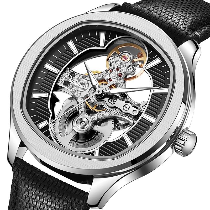 Luxury Skeleton Automatic Men Wristwatch Hollow Carved Gear Movement Irregular Case  Vintage Sport Watch
