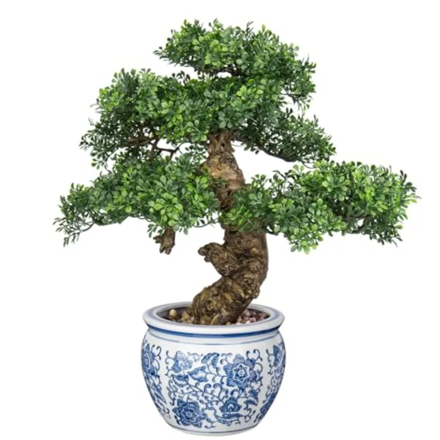 Fake Bonsai Tree Bonsai Plant 17" Tall Artificial Bonsai Trees with Blue and White Porcelain Decorated with Pebbles Desk Plant