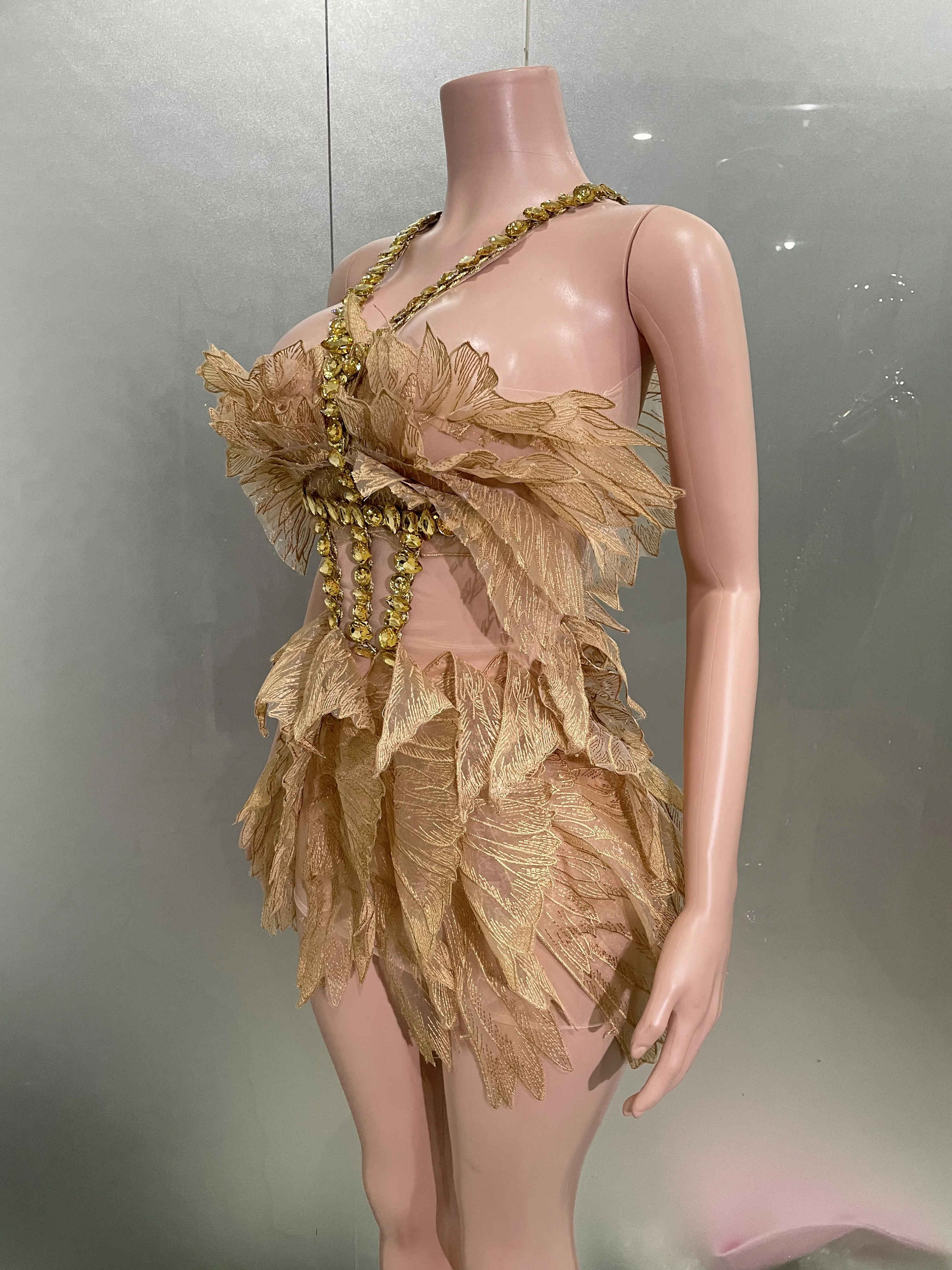 Sexy Shining Gold Crystal Transparent Wings Mini Dress 2025 Women Birthday Party Bar Nightclub Singer Stage Performance Costume