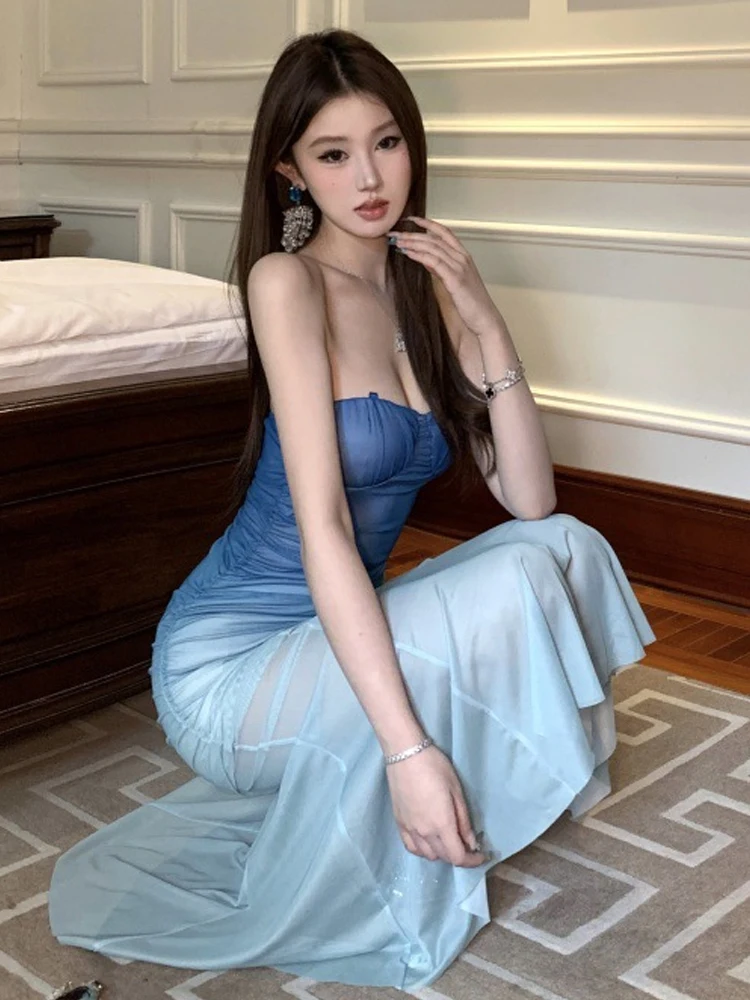 Sexy Gradient Blue Casual Vacation Style Dress for Women Socialite Sweet Strapless Sheer Mesh Fishtail Robe Party Club Vestidos