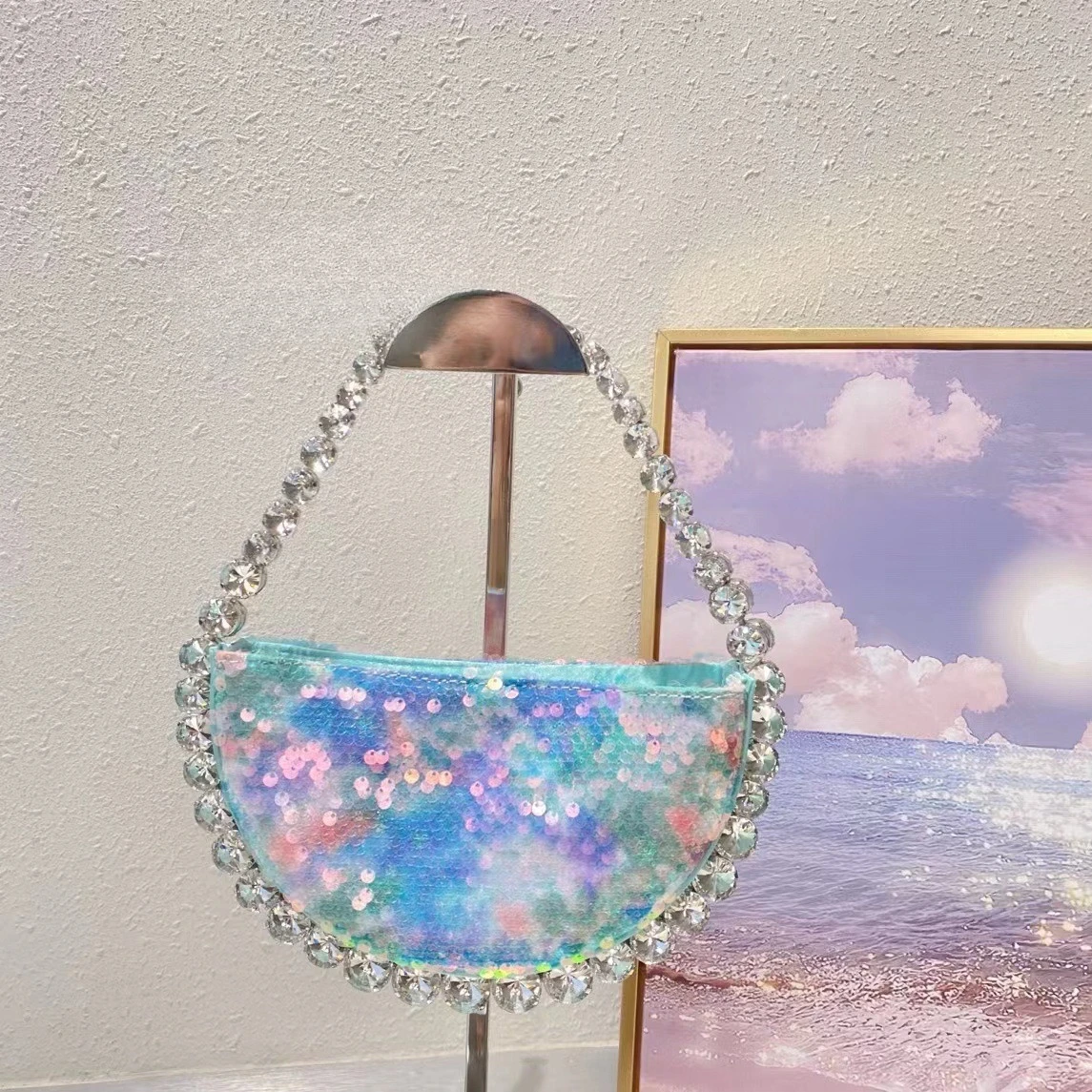Diamond Semicircular Box Bag Dinner Party Rhinestone Beads Mobile Phone Hand Holding
