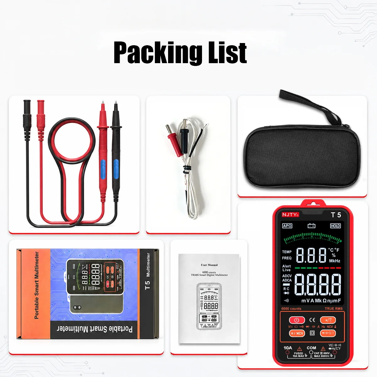 T5 Smart Digital-Multimeter mit Farbdisplay, 6000 Zählungen, True RMS, automatische Bereichswahl, AC/DC-Spannung, Strom, Widerstand, NCV, Temperaturmessgerät – Detail 9