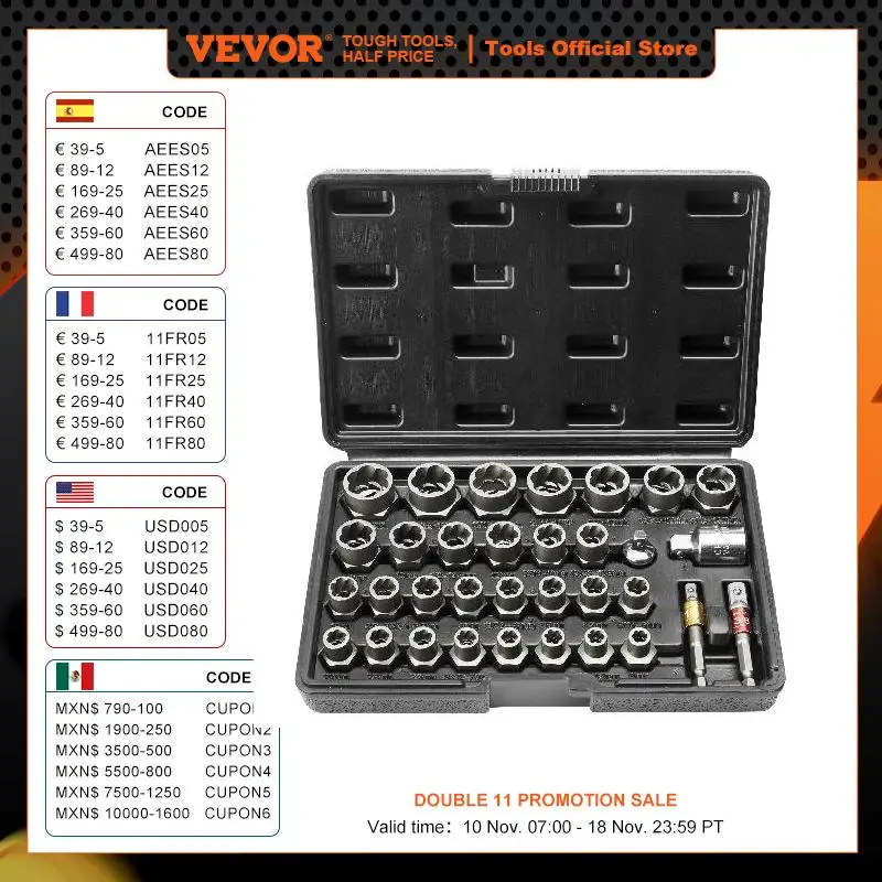 

VEVOR 29PCs Bolt Extractor Set Bolt and Nut Remover Set 6mm to 10mm 13/32" to 3/4" CR-MO Steel Extraction Socket Set with Case