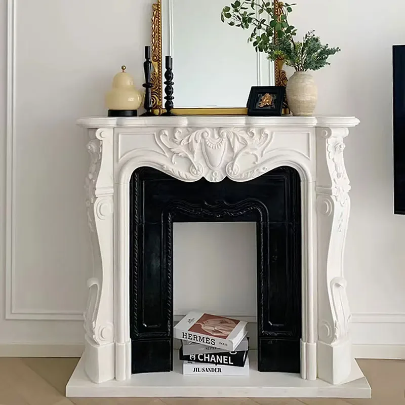 

Natural marble white marble mantel French European American stone carving stone villa living room TV cabinet customization