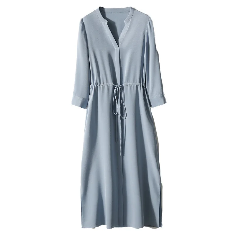 Elastisches Krepp-Seidenkleid für den Sommer, neues Damen-Hemd mit hoher Taille