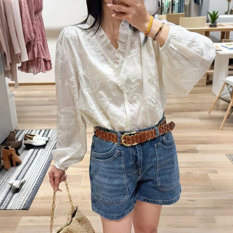 

Spring Summer New Women's Embroidered Lace Trim V-neck Loose Lantern Sleeve Denim Short Pants Set Breathable Long Sleeve Shirt