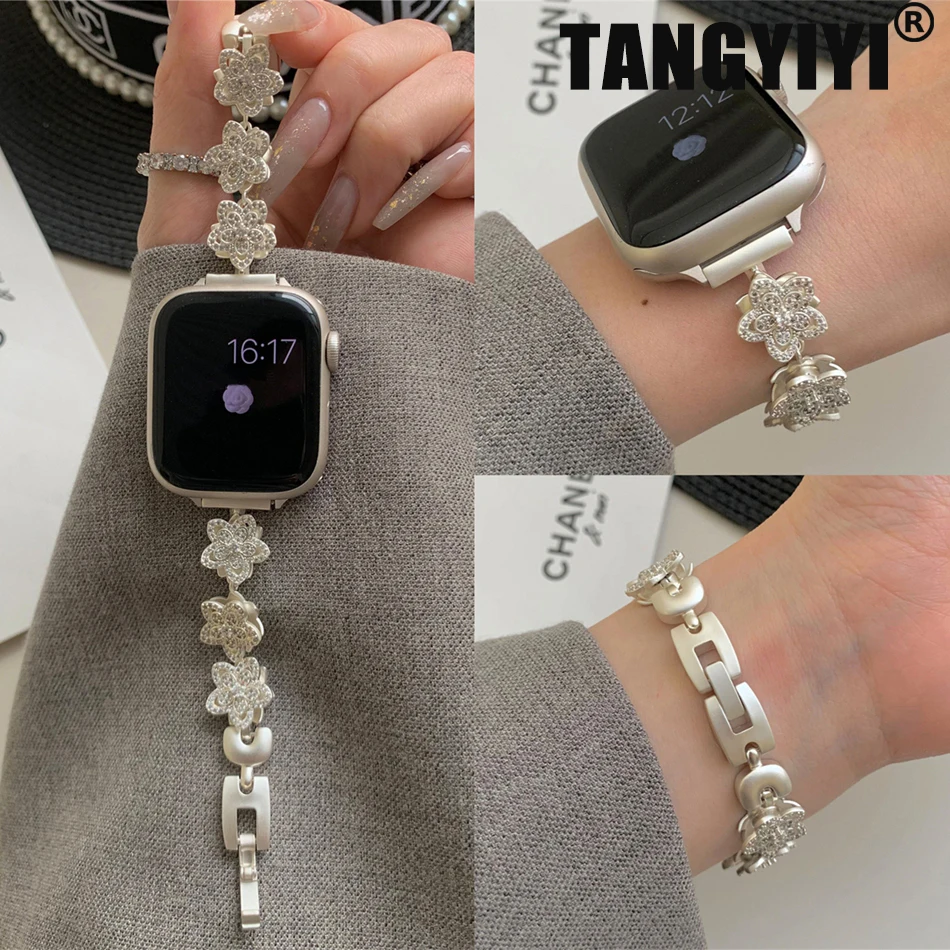 

Ремешок для Apple Watch Band S11/10/9/8/7/SE/5/Ultra 3 IWatch 49/46/45/44/42/41/40/38 мм, вращающийся цветок, регулируемый браслет из циркона