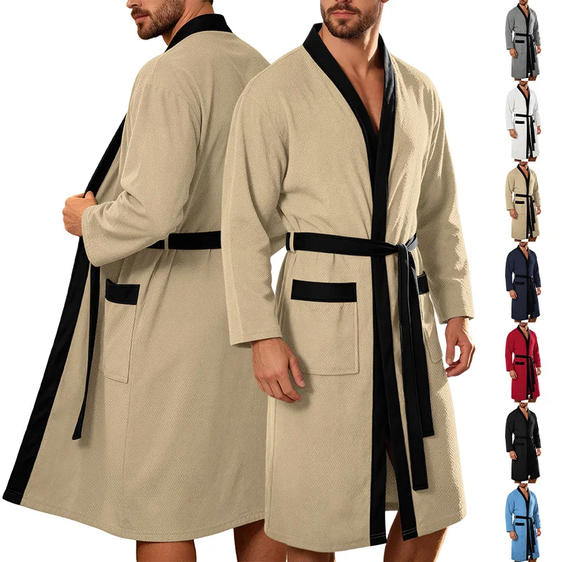 Men Long Loose Bathrobe With Belt Double Pockets Casual Home Pajamas Soft Hotel Vacation Spa Male Loungewear Sleep Robe
