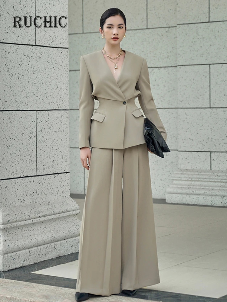 

Fashion 2 Pcs Set Long Sleeve Blazer Gathered Waist Loose Wide Leg Pants Office Lady Suit Summer New 2024 Arrival Trendy