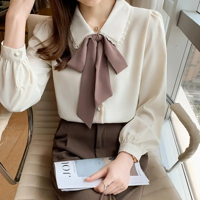 Women Lace Patchwork Bow Vintage Elegant Button Up Shirt Korean Fashion Sweet Chic Casual Blouse Solid Long Sleeve Chiffon Tops