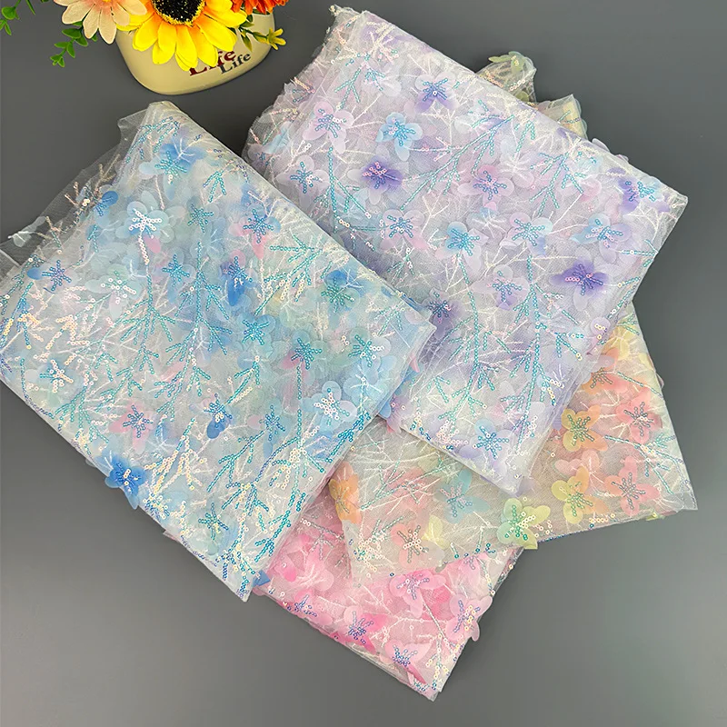 90x130cm Farbverlauf Schmetterling Pailletten Tüllstoff 3D Bestickter Netzstoff Hintergrund Party Deko Material Bühnenkostüme Ethnische Kleidung – Detail 6