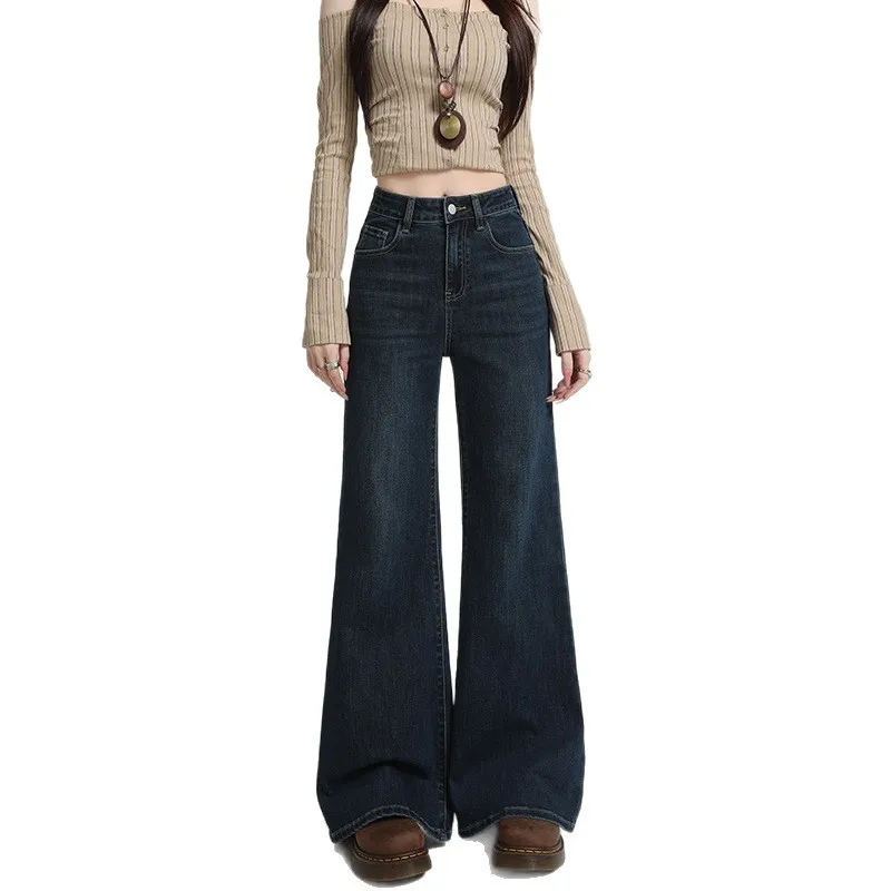 American Style Dark Blue High Waisted and Velvet Slimming Bell Bottom Pants for Women's Autumn New Fashion, Non Stick Leg Slight view 5