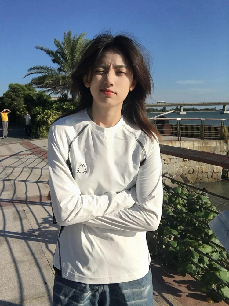 American Sle Splice Farbe Kontrast Nähte Design Lange Sve frauen T-shirt Frühling Herbst Abnehmen Casual Basis irt Top