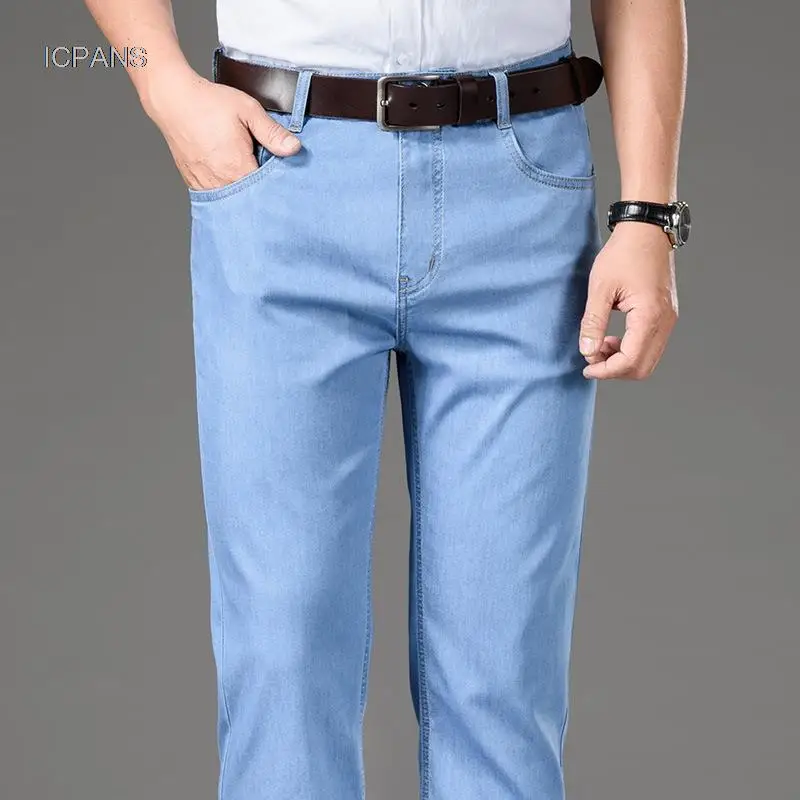 

High Waist Summer Mens Denim Jeans Pants Thin Straight Business Stretch Trousers For Male Jeans Clothing