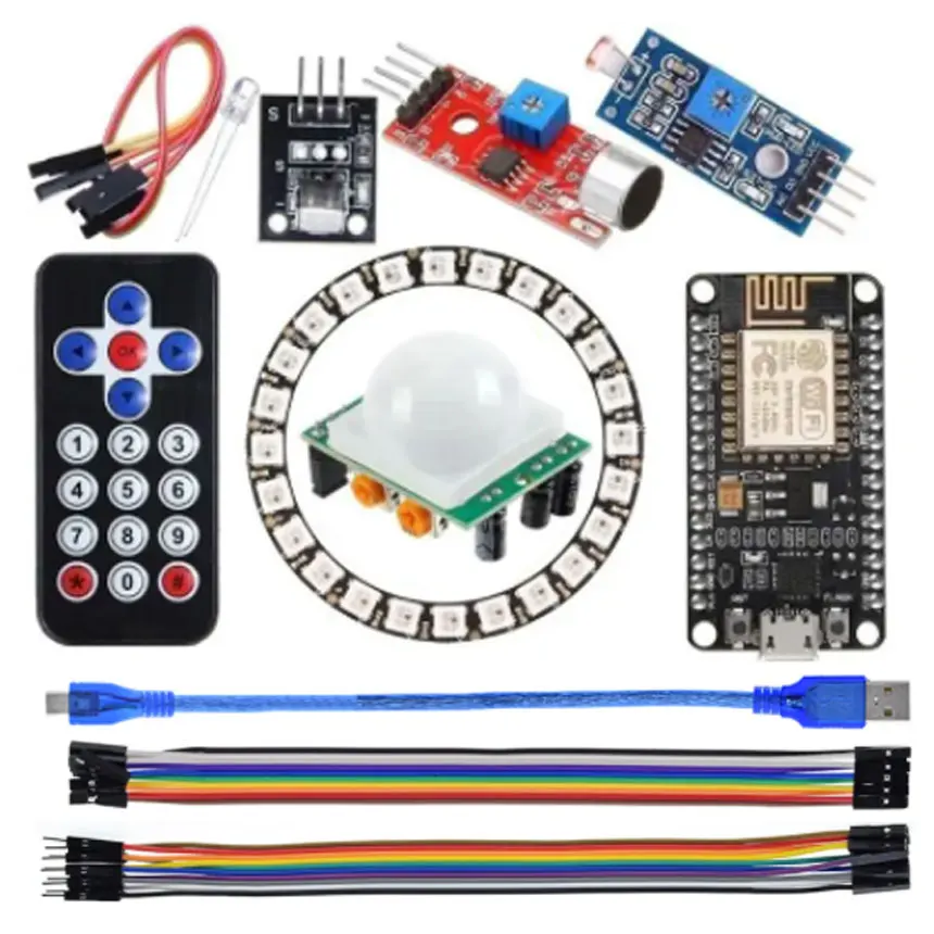 Starter Kit for R3 ESP8266 LED Ring Strip RGB 24 Bits WS2812 Sound/Music Response, Analogue Clock, Warn/Detect/Flash