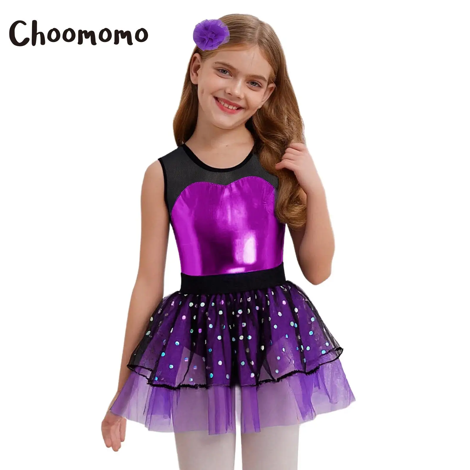 

Kids Girls Ballet Leotard Dress Stage Performance Costume with Sleeveless Sheer Mesh Metallic Bodice and Tulle Tutu Headwear