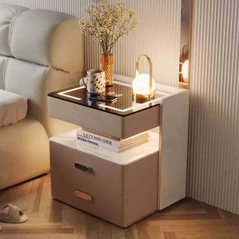 !@Hot Selling Smart Nightstand Side Storage Table Wireless Charging 2 Drawers Led Light Cabinet Bedroom Home Furniture Wholesale
