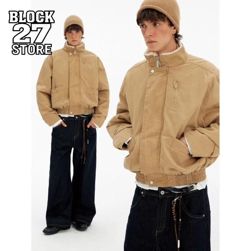 

Mens Jacket Harajuku Vintage Barn Style Stand Collar Workwear Flight Coat Fleece Lined Warm High Street Fashion Casual Outerwear