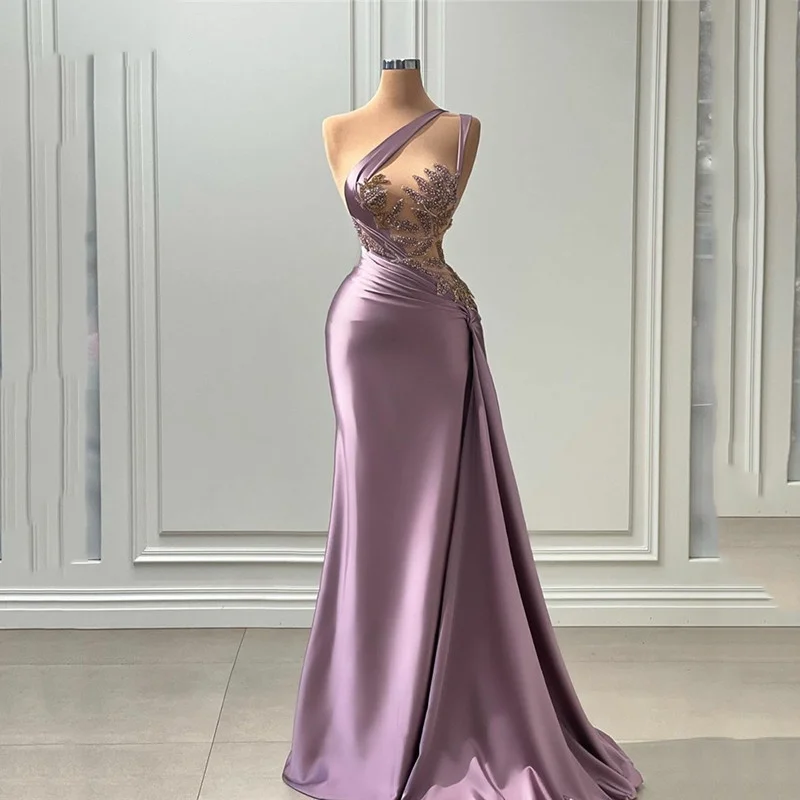 Purple Long Prom Dresses Luxury Mermaid Beaded One Shoulder Saudi Arabia Evening Party Gowns Special Occasions  Customized