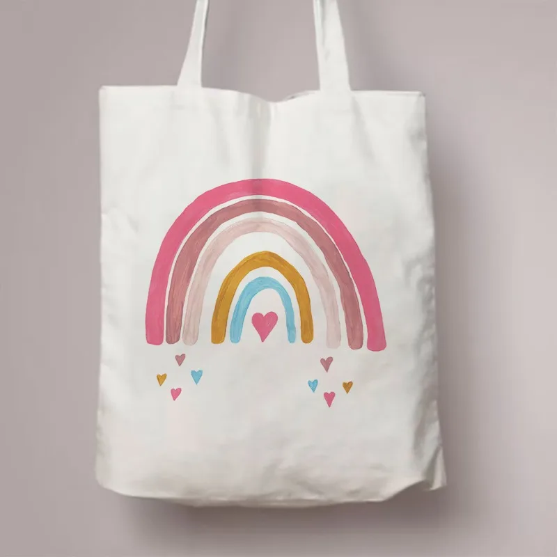 

Fresh Cute Canvas Shoulder Bag Rainbow Heart Pattern Design Women's Casual Tote Handbag for Daily Shopping Beach Travel