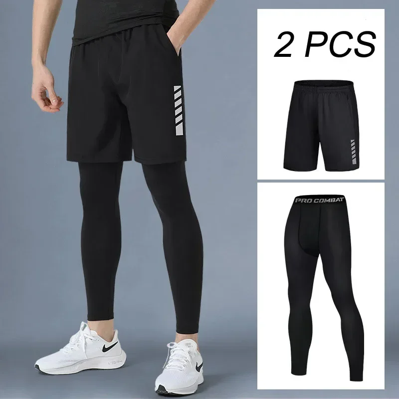 Summer Mens Compression Sport Pants 2 Pcs Quick Dry Jogging Shorts Gym Workout Basketball Tights
